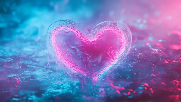 Soft blue neon heart shining through mist, Pink neon heart background.