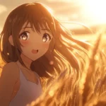 Soft breeze lifting anime girls hair in a golden wheat field.