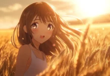 Soft breeze lifting anime girls hair in a golden wheat field.
