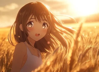 Soft breeze lifting anime girls hair in a golden wheat field.