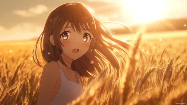 Soft breeze lifting anime girls hair in a golden wheat field.