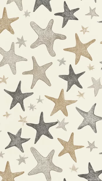 Soft cream background with a repeating pattern of symmetrically arranged gold and silver hand drawn style stars for a modern, clean celestial aesthetic.