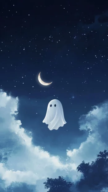 Soft dreamy Cute Ghost Wallpapers where ghosts ride crescent moons across the night sky.