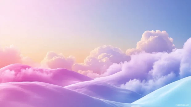 Soft dreamy pastel clouds glowing over pretty hills, Pretty aesthetic desktop wallpaper.