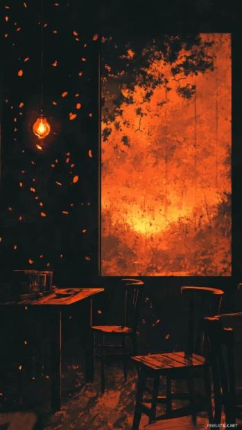 Soft falling embers glow faintly against a deep black lock screen creating a cozy scene.