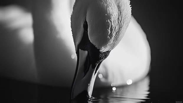 Soft focus Swan portrait on glassy water surface.