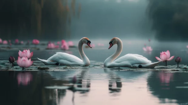 Soft focus on Swans among lotus flowers in a dreamy lake, a gentle Swans PC Wallpapers style.