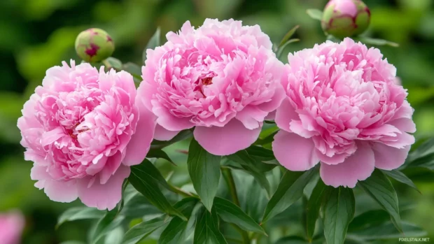 Soft focus pink peonies in full bloom, delicate and feminine.