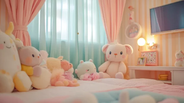 Soft girly bedroom filled with plushies and pastel curtains.