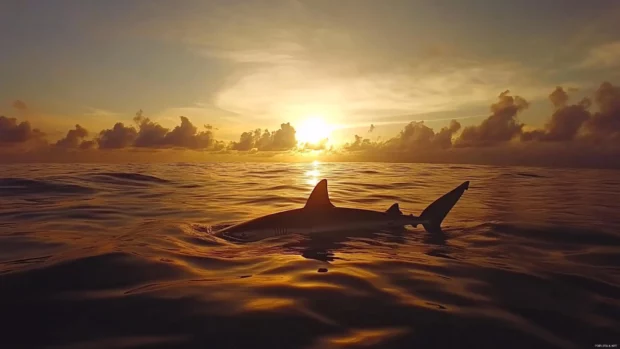 Soft glimmer around shark silhouette in still ocean.