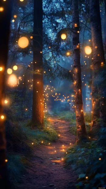 Soft, glowing fairy lights illuminate an enchanted forest path surrounded by towering trees and sparkling dew.