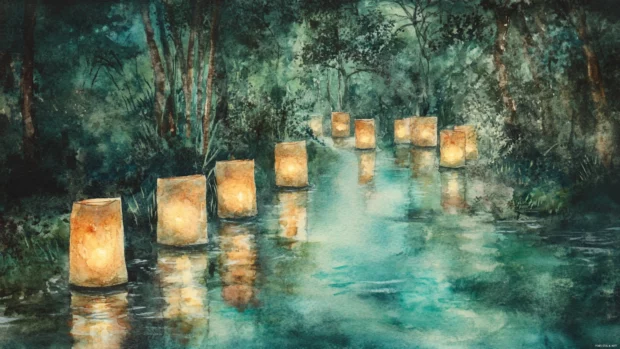 Soft glowing lanterns illuminating a quiet watercolor river.