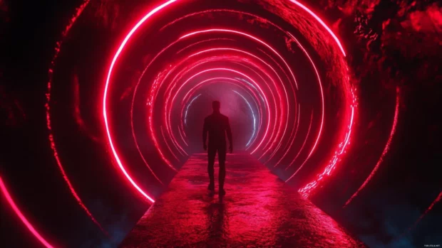 Soft glowing trails of red neon over dark void featuring Glowing red neon wallpaper.