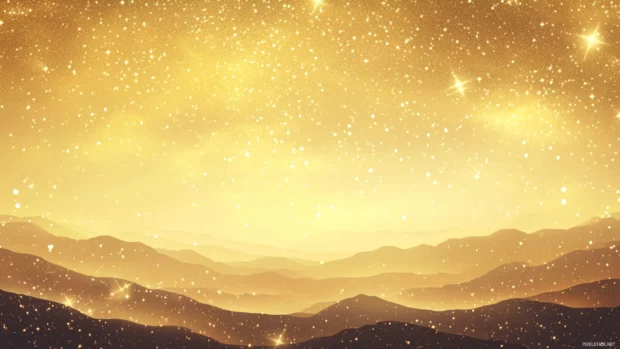 Soft illustrations of golden stars raining over misty hills, embracing the luxury of elegant golden starry sky background.