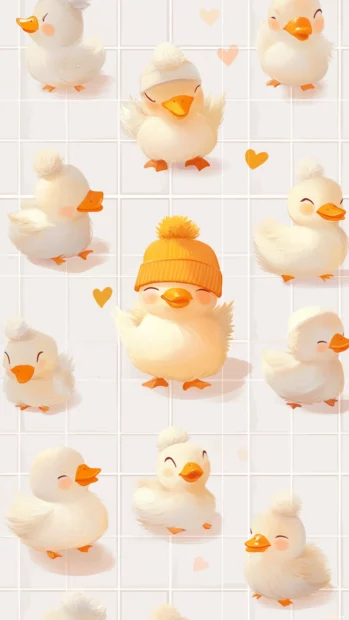 Soft illustrations of sleepy ducks with nightcaps, arranged in an orderly tile layout.