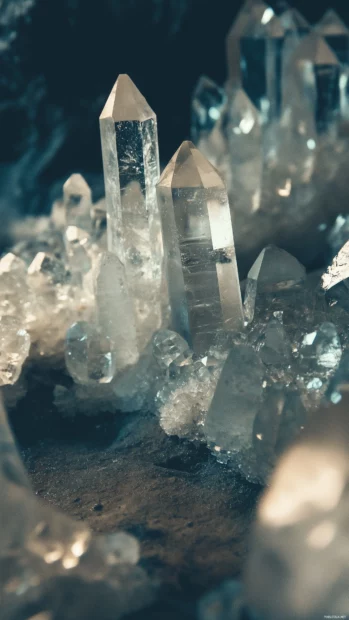 Soft light filtering through a sparkling ice cave with shimmering blue tones and intricate crystal formations.