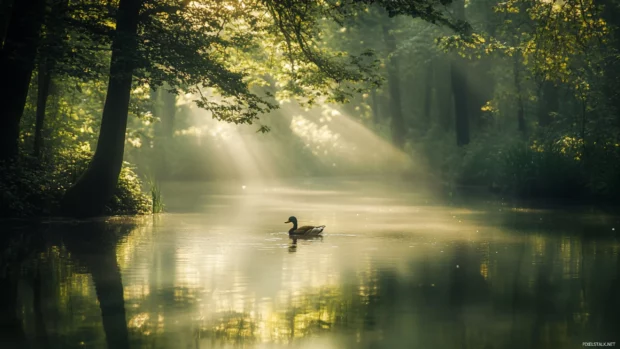 Soft light filters through trees as a duck glides across a glassy forest pond.