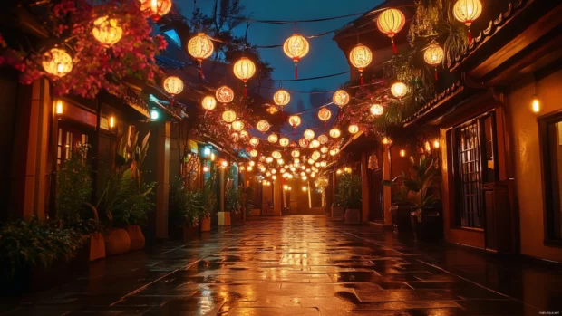 Soft lit lanterns lining an anime alley at night.