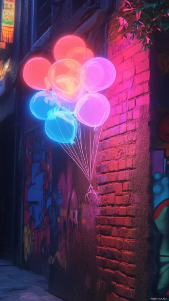 Soft neon balloon floating over pandas street art nest.