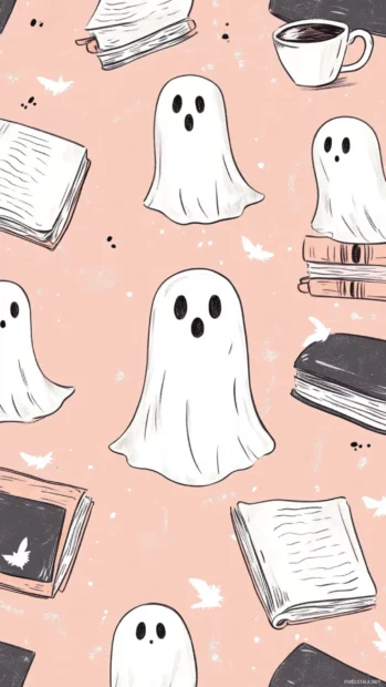 Soft neutral Aesthetic Ghost Wallpapers with doodle ghosts floating among aesthetic objects like mugs and books.