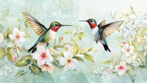 Soft pastel bird watercolor wallpaper depicting hummingbirds in a blooming meadow.