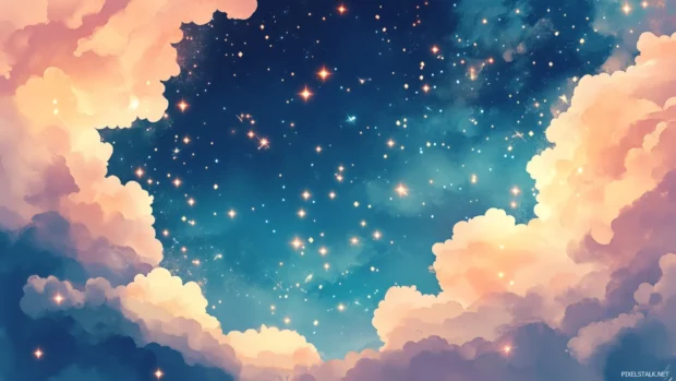 Soft pastel constellations weaving through chibi clouds, drifting peacefully across illustrated cute stars hd wallpaper.