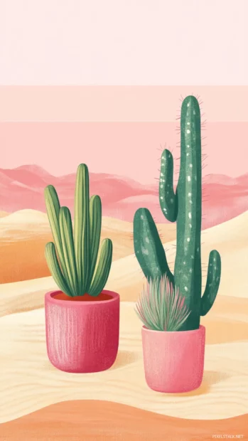 Soft pastel summer cacti in cute pots placed in a delicate desert landscape.