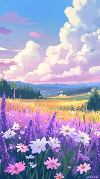 Soft pastel summer clouds drifting over a field of blooming lavender and wildflowers.