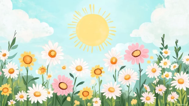 Soft pastel summer gardens blooming with cute daisies and sunflowers under a dreamy sun.