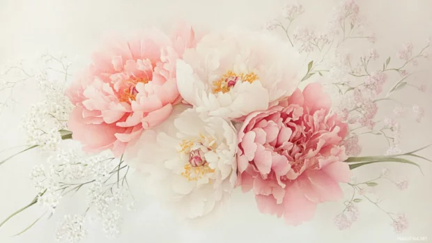 Soft peony clusters and babys breath drawn in pastel tones.