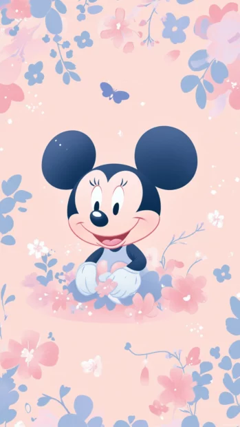 Soft pink and blue pastel tones with cute Mickey Mouse at center, minimal cartoon vibe, Disney inspired.