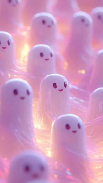 Soft pink background with rows of happy ghosts wrapped in blankets for a cozy Cute Ghost Wallpapers look.