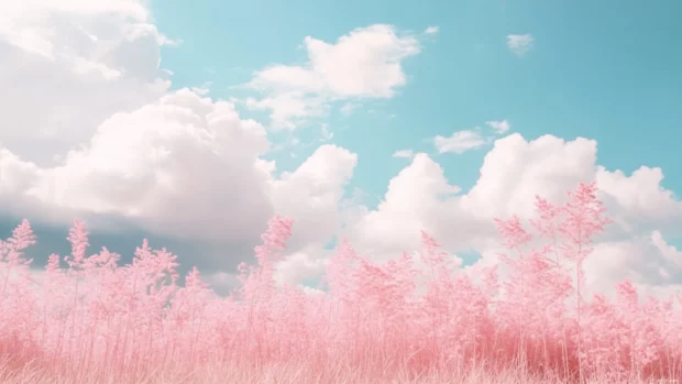 Soft pink clouds drifting above a calm meadow, perfect for girly aesthetic backgrounds.