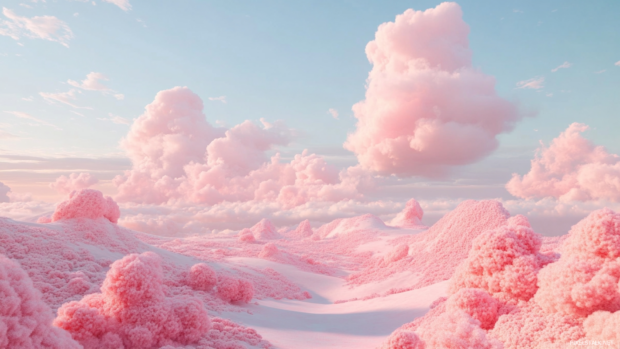 Soft pink clouds floating over a pastel valley, creating one of the best pink background wallpapers for desktop users.