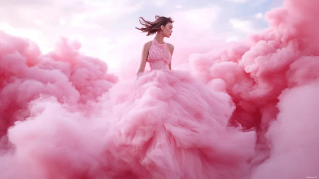 Soft pink cotton candy clouds at sunset with a dreamy glow.