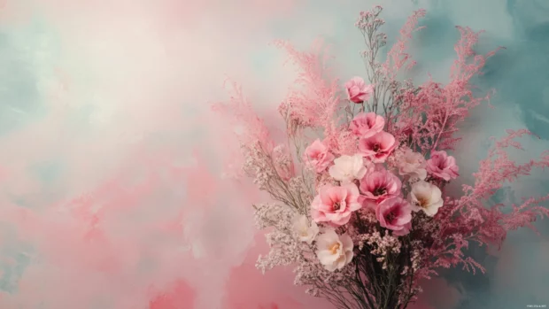 Soft pink floral bouquet over watercolor background in a feminine aesthetic.