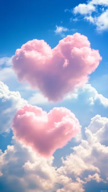 Soft pink heart shaped clouds floating against a dreamy blue sky.