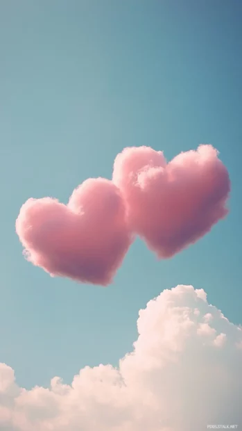 Soft pink heart shaped clouds floating against a dreamy blue sky.