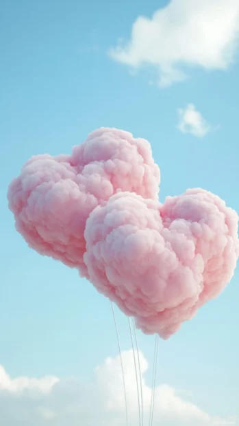 Soft pink heart shaped clouds floating against a dreamy blue sky.