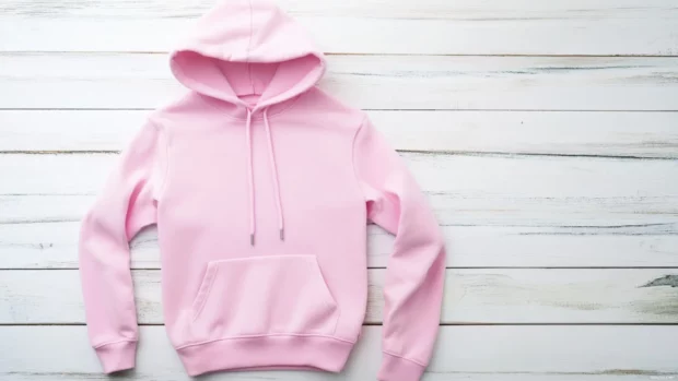 Soft pink hoodie laid out on white wooden background.