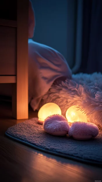 Soft pink slippers beside a glowing nightlight on wooden floor.