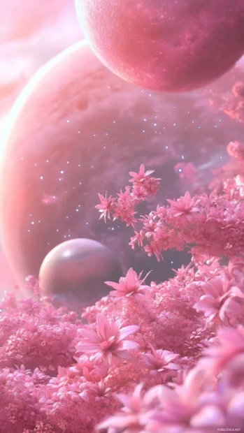 Soft pink stars desktop background featuring pink stars blooming among stylized pastel planets.