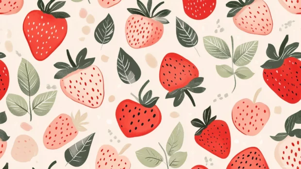 Soft pink strawberry pattern, simple lines, fresh summer aesthetic.
