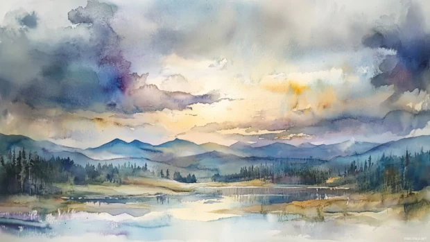 Soft rain clouds merging into a watercolor landscape.