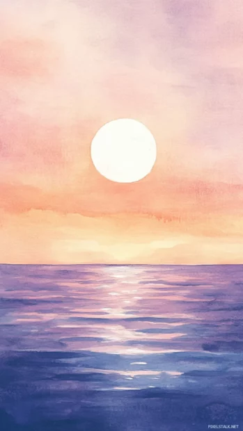 Soft shimmering ocean under faded Aesthetic Watercolor sunrise, Clean and Elegant style.