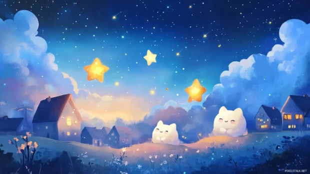 Soft stars singing lullabies over chibi landscapes.