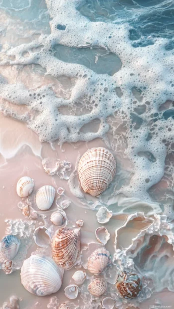 Soft summer scenes with pastel beaches, tiny seashells, and gentle waves dancing under a dreamy sky.