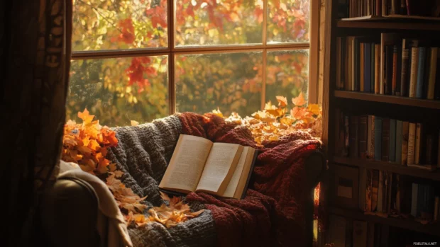 Soft sunlight filtering through colorful leaves into a reading nook.