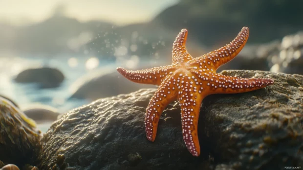 Soft sunlight illuminates a close up scene of a bright orange starfish with intricate texture details as it crawls along a rock.