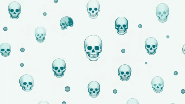 Soft teal skull icons floating above pale dot grid.
